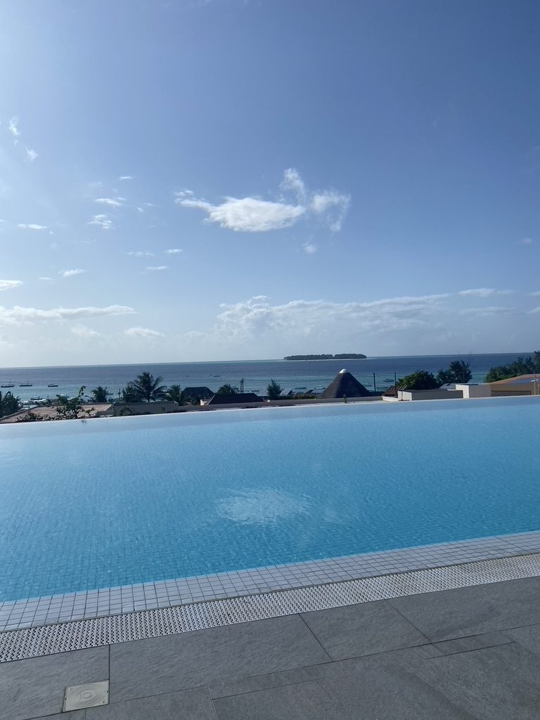 Zwembad met uitzicht over de oceaan en een eilandje op Zanzibar